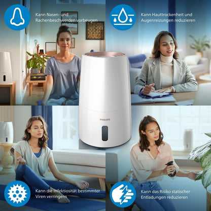 Philips HU3916/10 3000 Series Humidifier 3L – 99% bakterienreduziert, 45m², 360°, 20h, 9h Timer, White