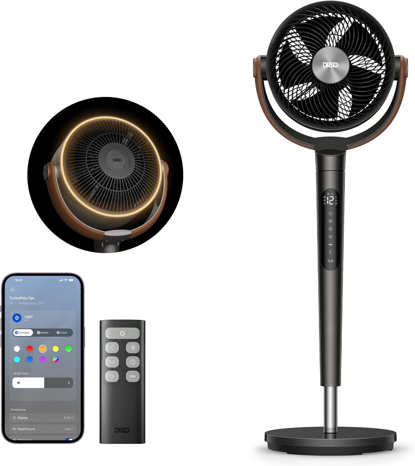 DREO PolyFan 513S DR-HAF003S Pedestal Fan 95,5cm – 2209m³/h, 20dB, RGB, 150°+120°, WiFi, Alexa, Black