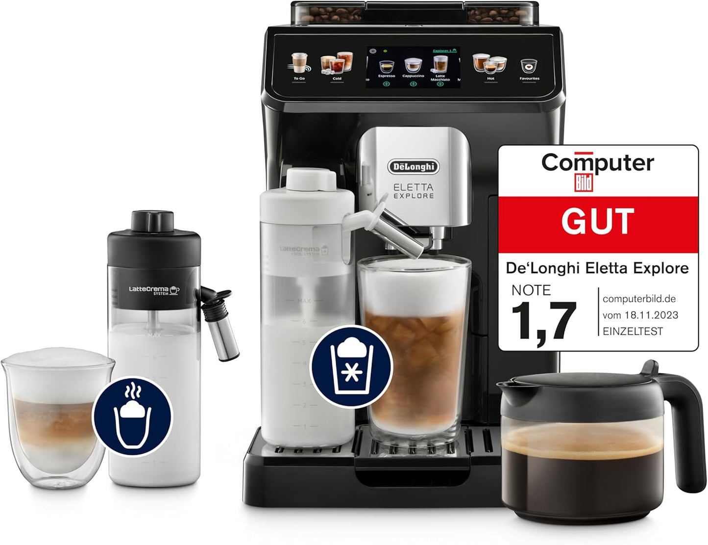 De'Longhi Eletta Explore ECAM452.57.G Fully Automatic Coffee Machine – 40+ Drinks, LatteCrema Hot & Cool, TFT, Grey