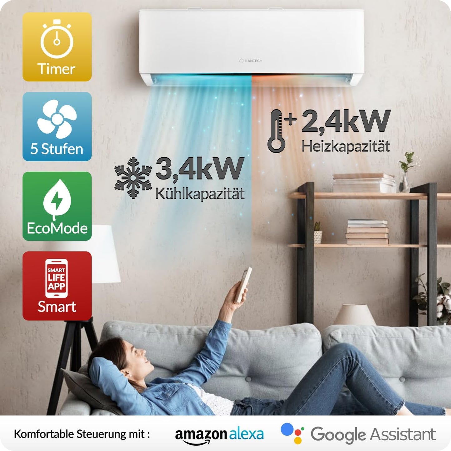 HANTECH H-PRO Split Air Conditioner 12.000 BTU – Inverter, Energy Class A++, Heating & Cooling, WiFi, Alexa, White