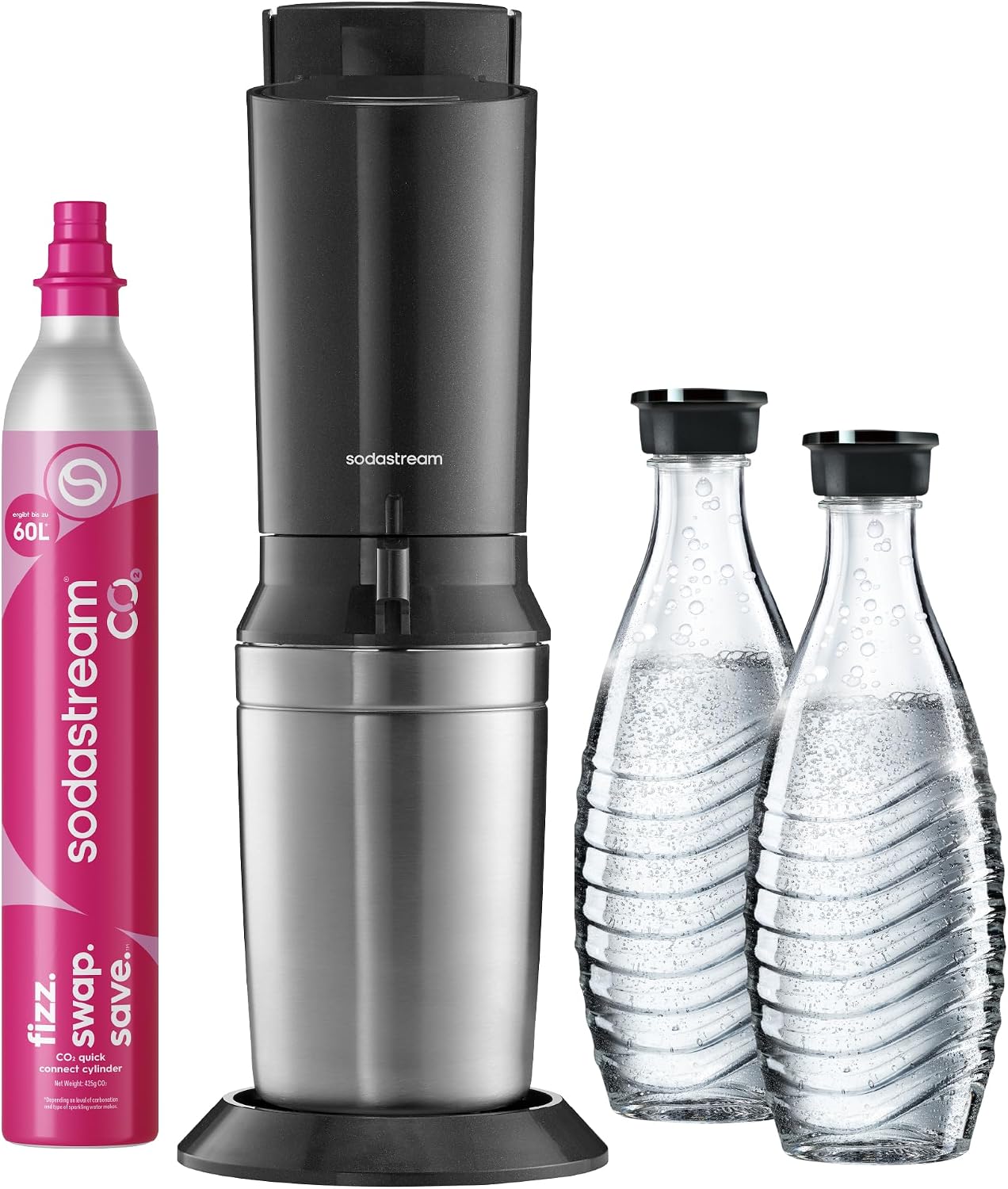 SodaStream Crystal 3.0 Sparkling Water Maker – Quick Connect CO2, 2x Glass Carafe 0,7L, Titanium/Black