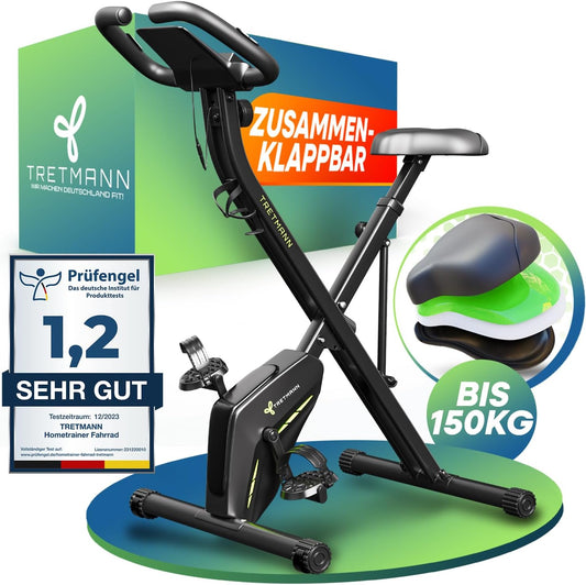 TRETMANN Exercise Bike Foldable 16 Speeds – Magnetbremse, Pulssensor, 150kg, DEKRA, Matt Stahl