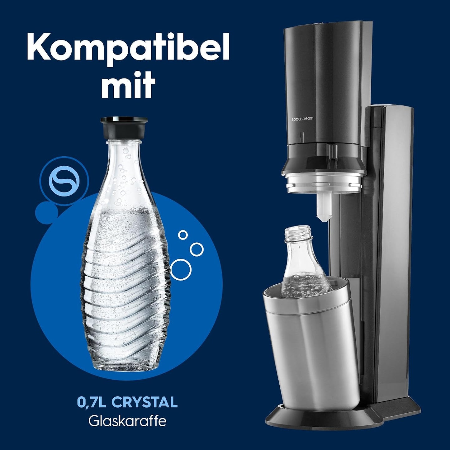 SodaStream Crystal 3.0 Sparkling Water Maker – Quick Connect CO2, 2x Glass Carafe 0,7L, Titanium/Black