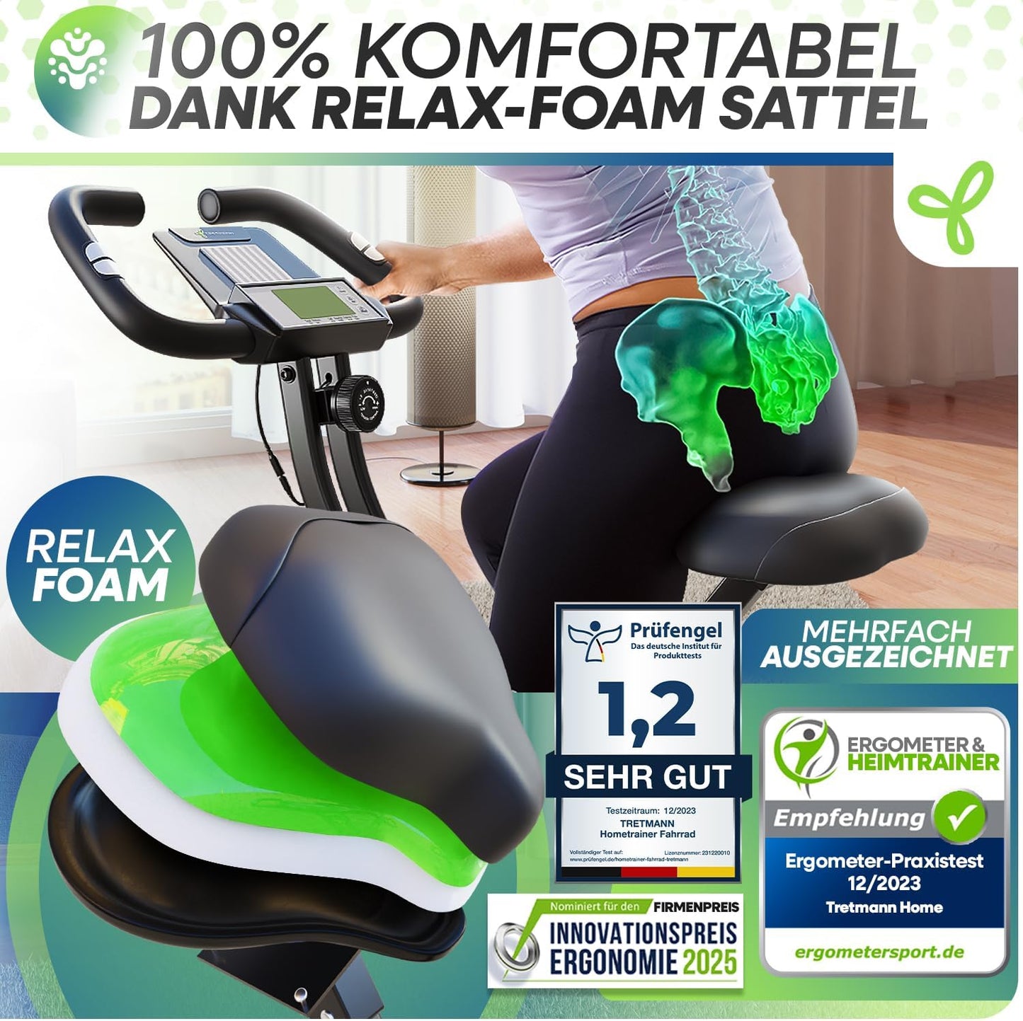 TRETMANN Exercise Bike Foldable 16 Speeds – Magnetbremse, Pulssensor, 150kg, DEKRA, Matt Stahl