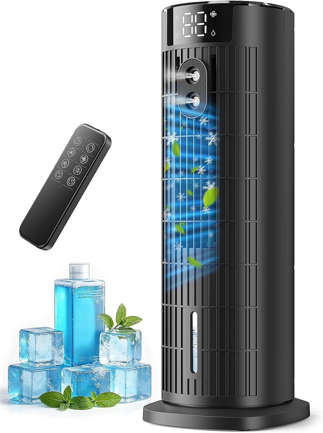 CoamoTrail LRL Mobiler Air Cooler 1L – bladeless, 30dB, 90° Oscillation, Turbo, 10h Timer, Remote Control, Black