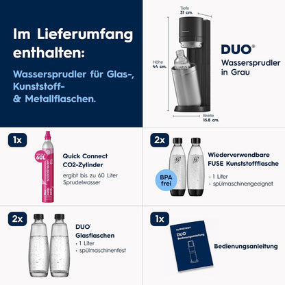 SodaStream DUO Sparkling Water Maker – Quick Connect CO2, 2x Glass Bottle & 2x Plastic Bottle 1L, Titanium/Black