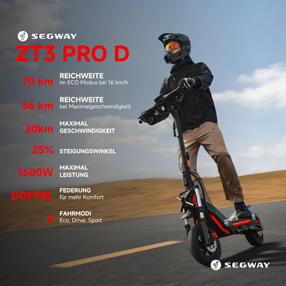 Segway-Ninebot ZT3 Pro D E-Scooter, Up to 70 km Range, 11 Zoll Off-Road Tyres, Full Suspension, Flash Charge, Apple Find My, Foldable, Black