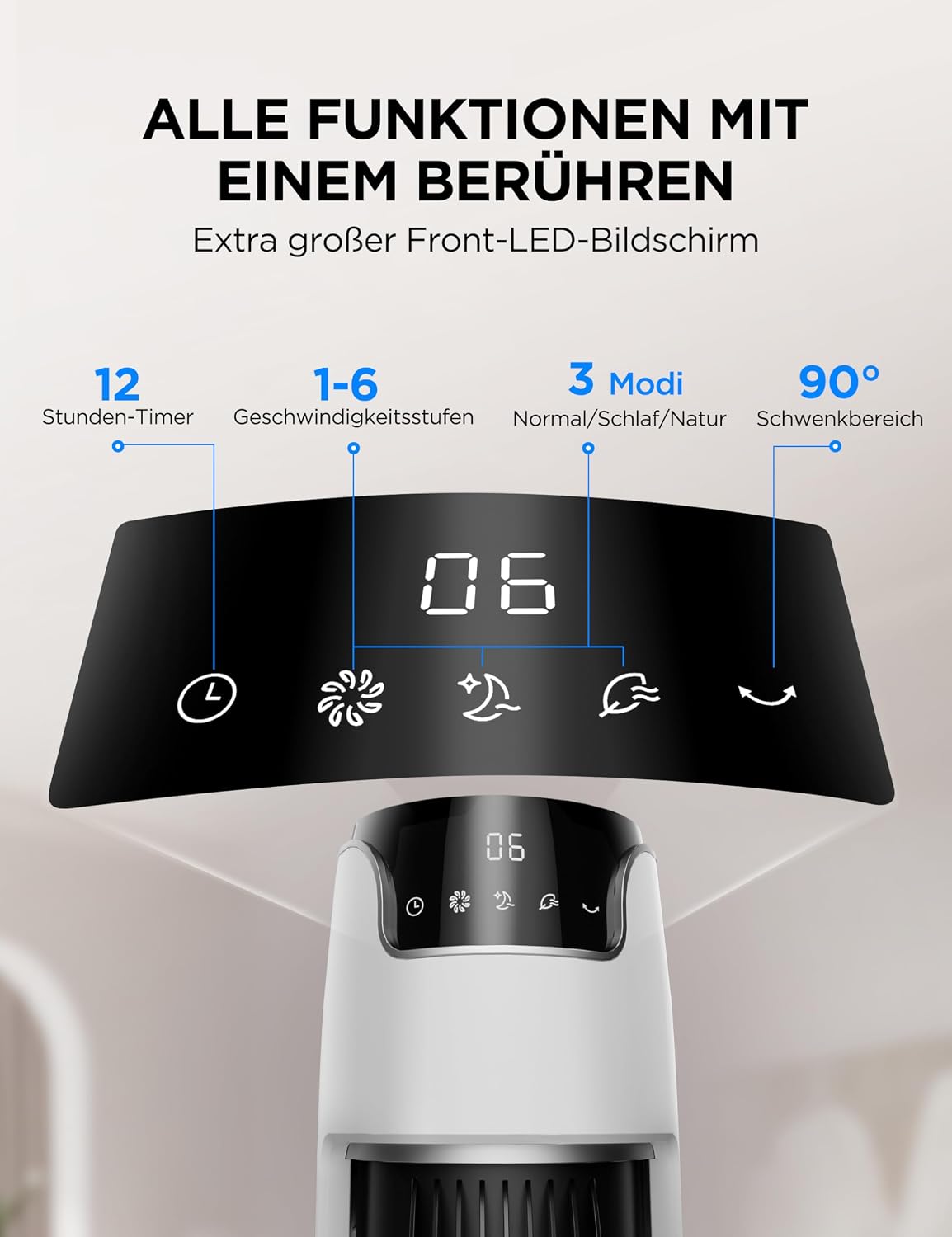 Midea FZ10-16AR Tower Fan 111cm – 6 Speeds, 3 Modes, 32dB, 60° Oscillation, 12h Timer, White