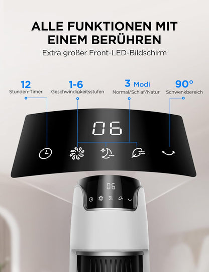Midea FZ10-16AR Tower Fan 111cm – 6 Speeds, 3 Modes, 32dB, 60° Oscillation, 12h Timer, White