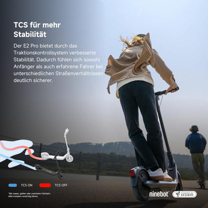 Segway-Ninebot E2 Pro D E-Scooter, 20 km/h, Up to 35 km Range, 275 Wh Battery, 10 Zoll Tubeless Pneumatic Tyres, TCS, Dual Braking System, LED Display, Foldable, Black