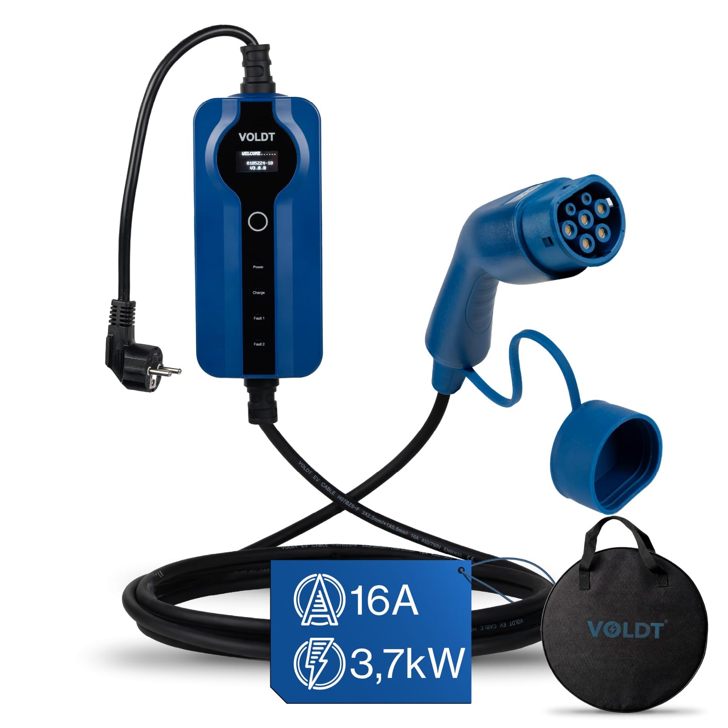 Voldt EVMCS131 Typ-2 Portable Charging Cable 3,7kW – 8-16A, IP67, CE, TÜV, Timer, IEC 62196, Blue