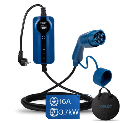 Voldt EVMCS131 Typ-2 Portable Charging Cable 3,7kW – 8-16A, IP67, CE, TÜV, Timer, IEC 62196, Blue