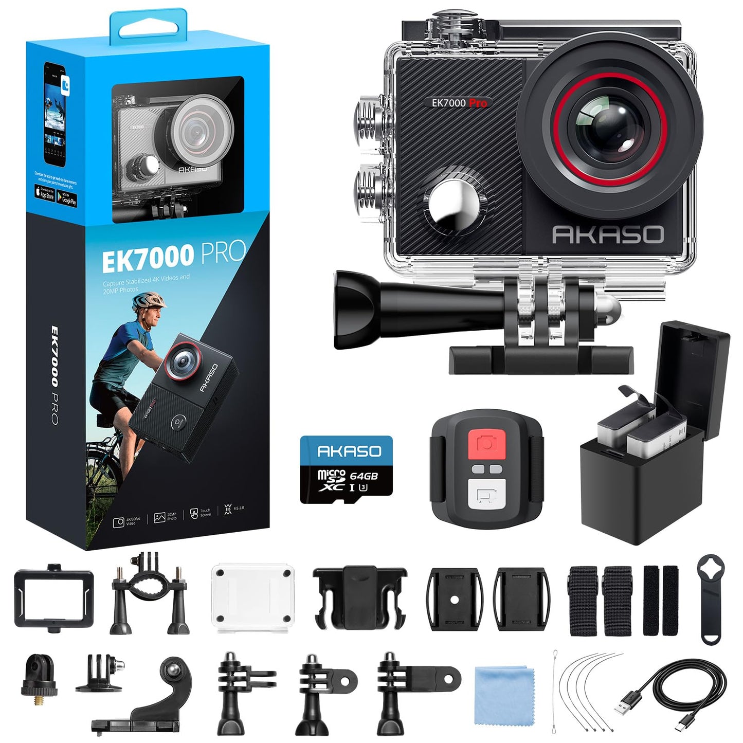 AKASO EK7000 Pro Action Camera 4K/30fps – 20MP, EIS, 40m wasserdicht, 2" IPS Touchscreen, Black