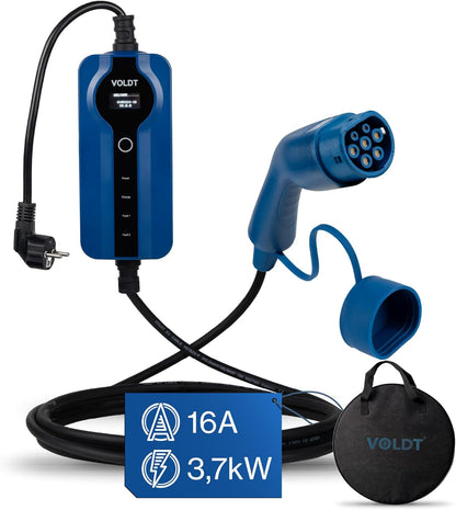 Voldt EVMCS131 Typ-2 Portable Charging Cable 3,7kW – 8-16A, IP67, CE, TÜV, Timer, IEC 62196, Blue