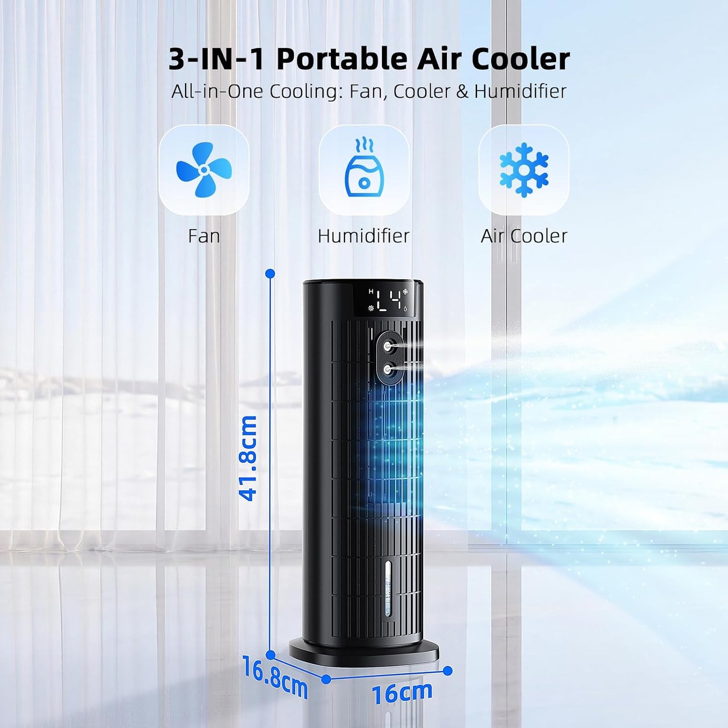 CoamoTrail LRL Mobiler Air Cooler 1L – bladeless, 30dB, 90° Oscillation, Turbo, 10h Timer, Remote Control, Black