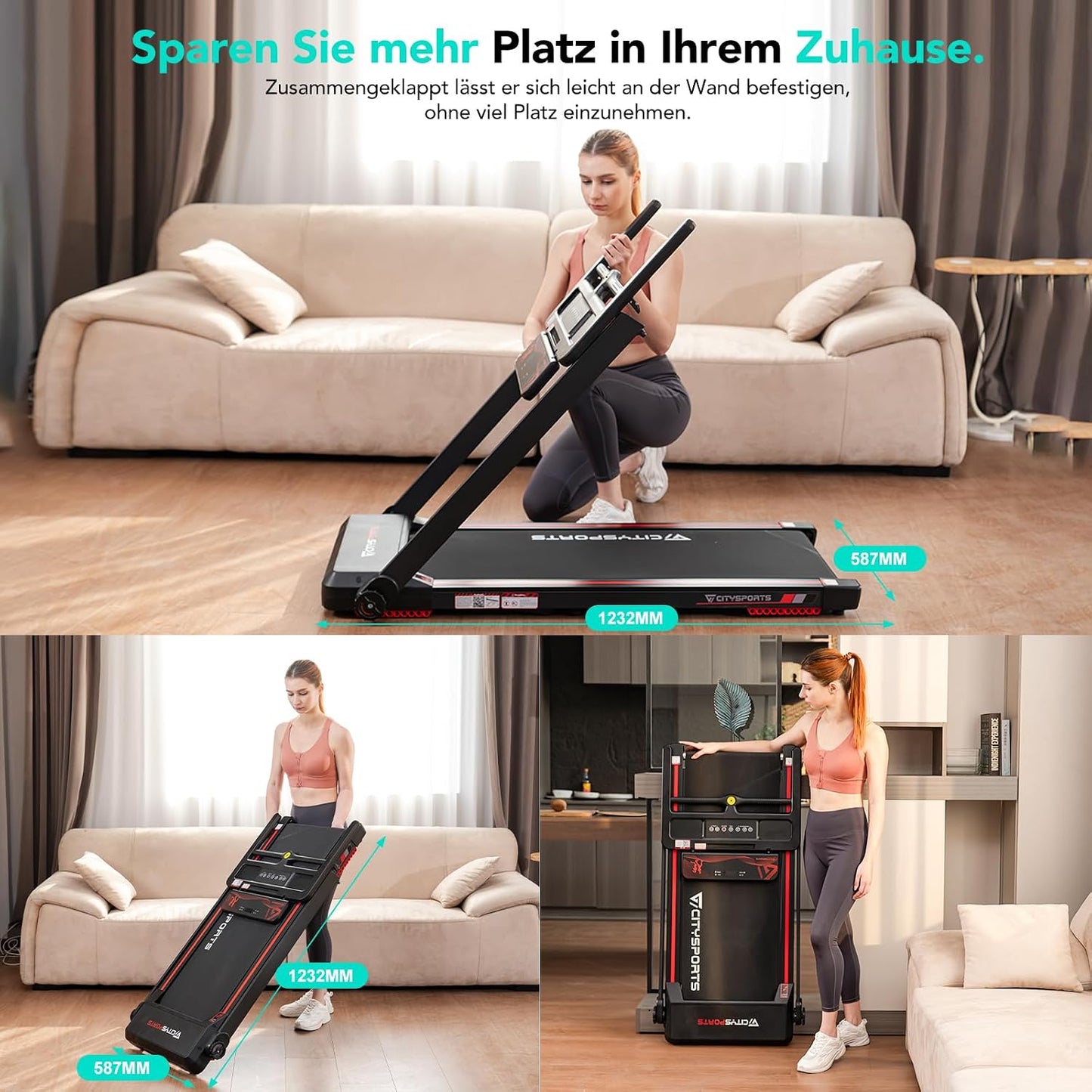 CITYSPORTS CS-WP9 Treadmill Foldable 1400W – Bluetooth, 12 km/h, 110kg, LED, 360° Tablet-Halter, Black