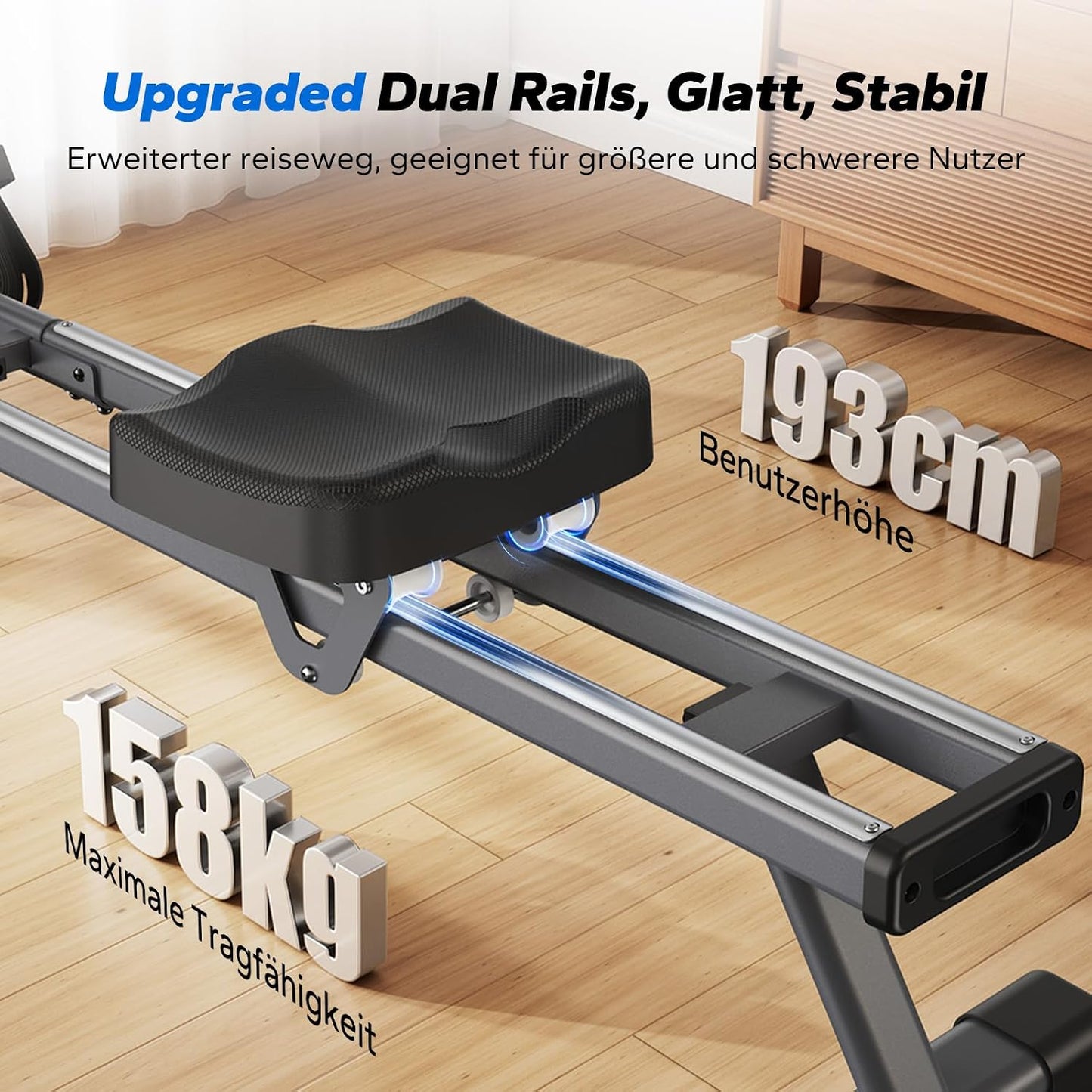 MERACH Q1s Rowing Machine 160kg – 32-stufig Magnet, 5,5kg Schwungrad, App, Dual-Rail, 0,2m², Black