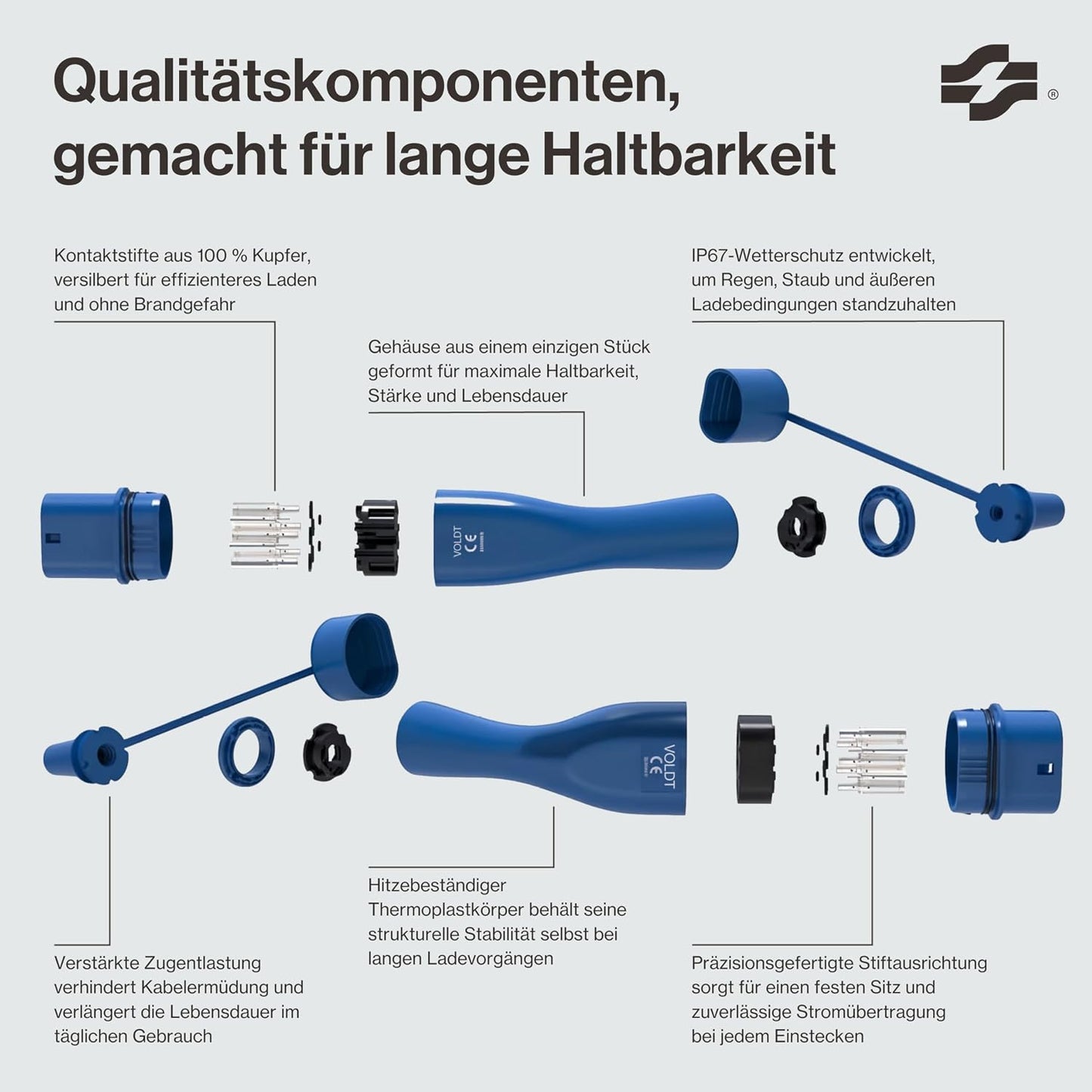 Voldt EVMCS131 Typ-2 Portable Charging Cable 3,7kW – 8-16A, IP67, CE, TÜV, Timer, IEC 62196, Blue