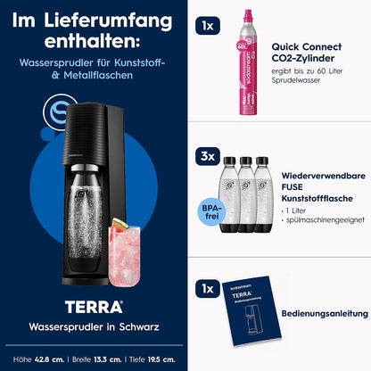 SodaStream TERRA Sparkling Water Maker – Quick Connect CO2, 3x KST Plastic Bottle 1L, Black