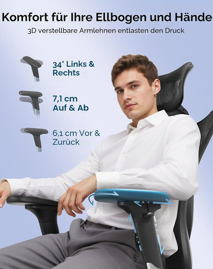 SIHOO M57 Ergonomic Office Chair, 3D-Armrests, Mesh, Headrest, Up to 150 kg, Black