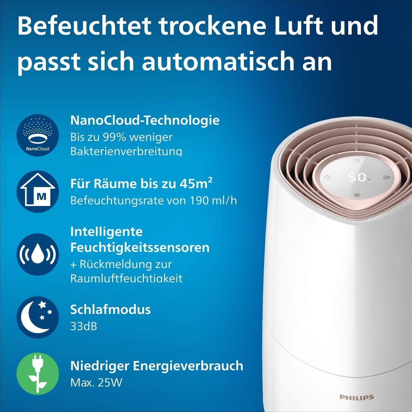 Philips HU3916/10 3000 Series Humidifier 3L – 99% bakterienreduziert, 45m², 360°, 20h, 9h Timer, White