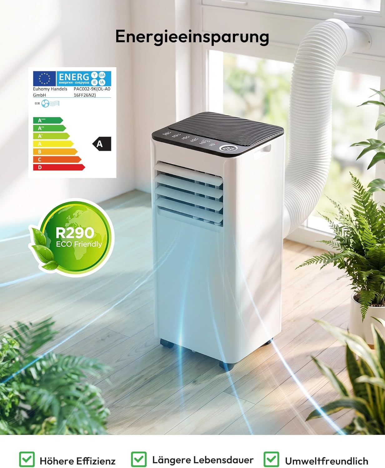 EUHOMY OL-A016FF26N2 Portable Air Conditioner 9.000 BTU – 4-in-1, R290, Energy Class A, GMCC, 25m², White