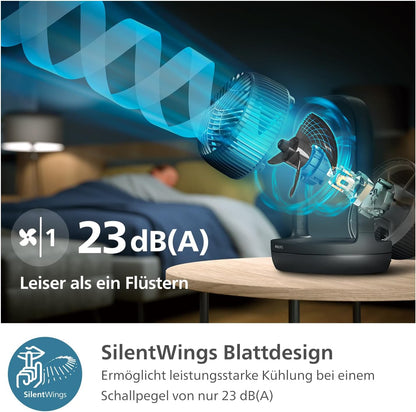 Philips CX3050/01 SilentWings Table Fan – 23dB, 738m³/h, 90° Oscillation, 180° Tilt, 3 Speeds, Black