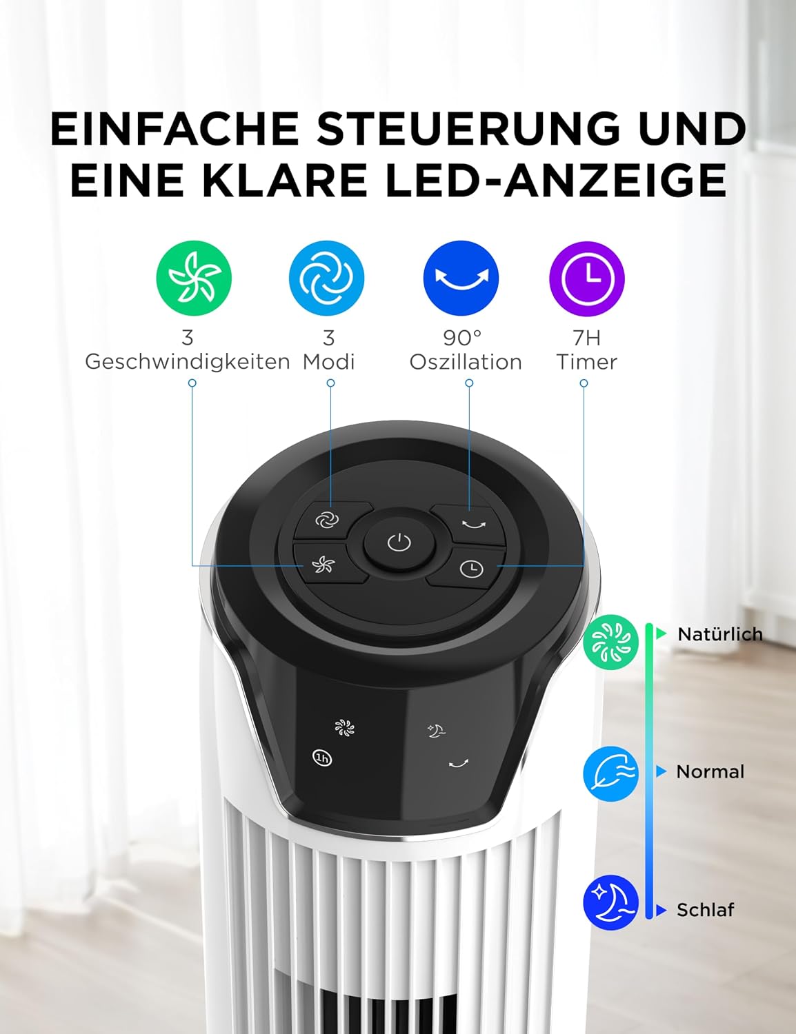Midea FZ10-17JR Tower Fan 91,8cm – 45W, 330m³/h, 90° Oscillation, 3 Modes, 38dB, 7h Timer, White