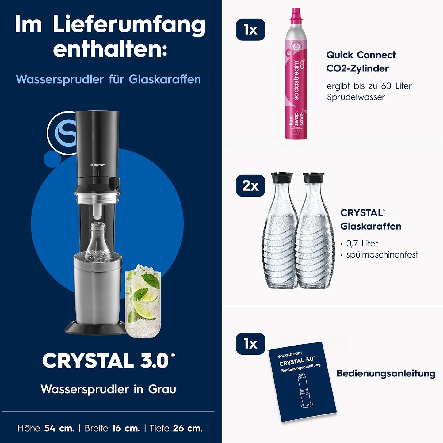SodaStream Crystal 3.0 Sparkling Water Maker – Quick Connect CO2, 2x Glass Carafe 0,7L, Titanium/Black