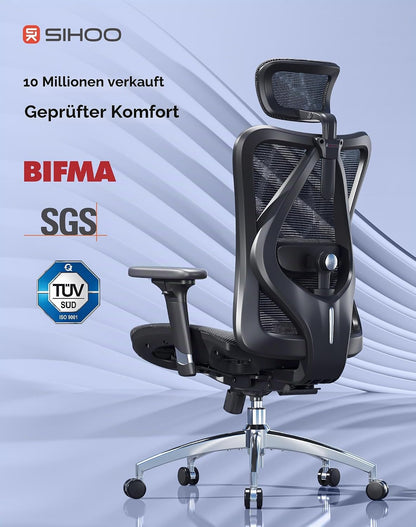 SIHOO M57 Ergonomic Office Chair, 3D-Armrests, Mesh, Headrest, Up to 150 kg, Black
