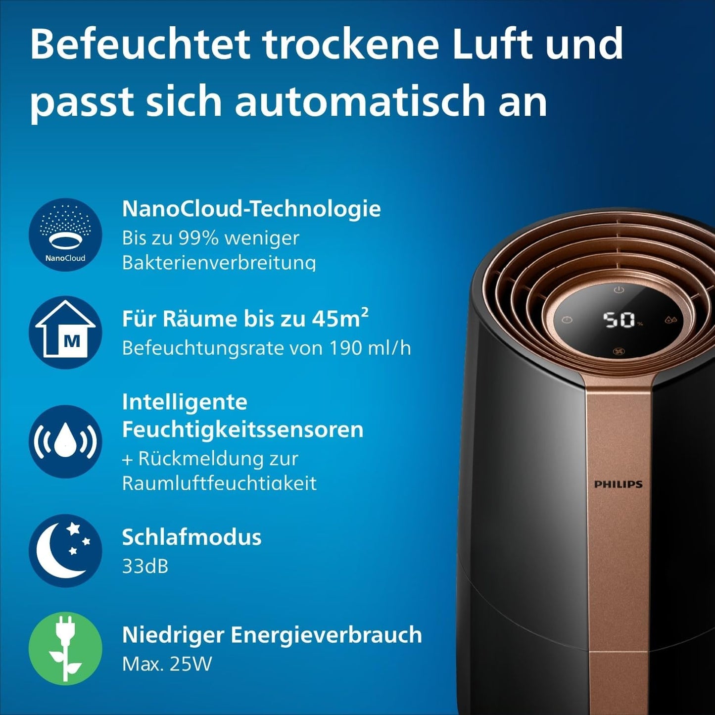 Philips HU3918/10 3000 Series Humidifier 3L – 99% bakterienreduziert, 45m², 360°, 9h Timer, Black