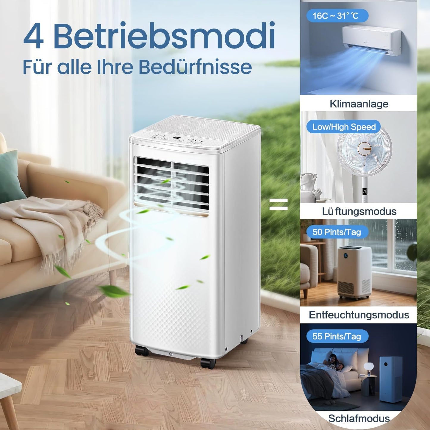 4-in-1 Mobile Air Conditioner, 7000 BTU Mobile Air Conditioner with Cooling, Air Circulation, Dehumidification, Portable Air Conditioner with Remote Control, Exhaust Hose, Sleep Mode, 2.1 kW for Rooms
