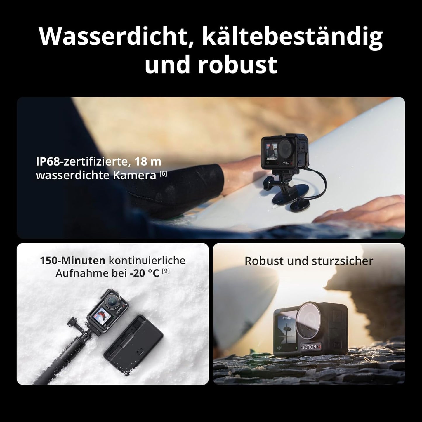 DJI Osmo Action 4 Essential Combo 4K Action Camera – 1/1.3" Sensor, 155°, 10-Bit, IP68, 150 Min, Black