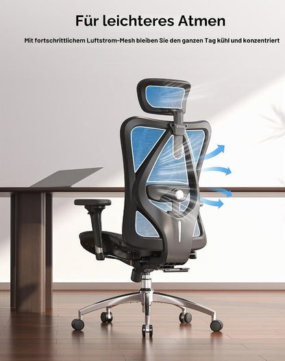 SIHOO M57 Ergonomic Office Chair, 3D-Armrests, Mesh, Headrest, Up to 150 kg, Black