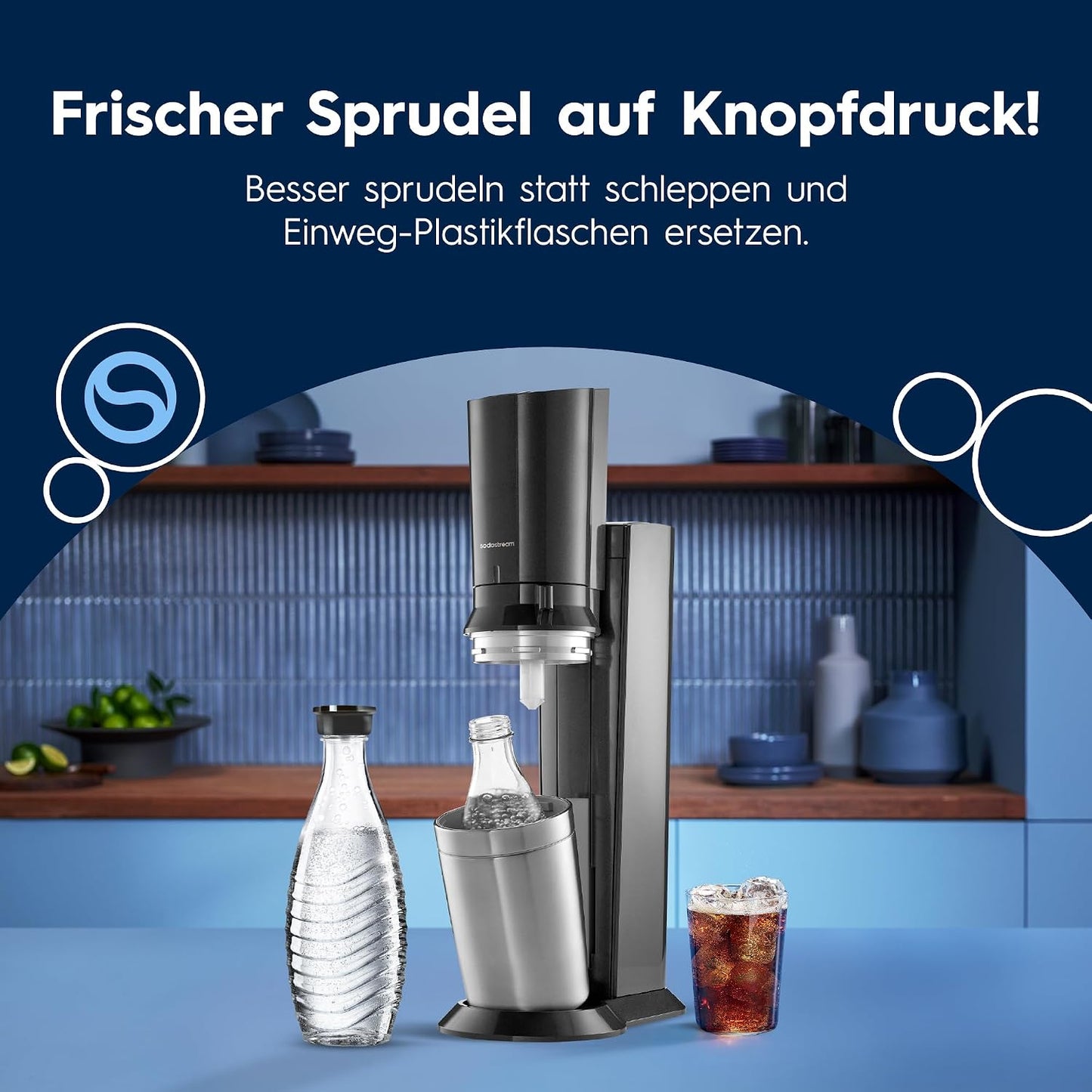 SodaStream Crystal 3.0 Sparkling Water Maker – Quick Connect CO2, 2x Glass Carafe 0,7L, Titanium/Black