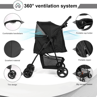 Large Collapsible Pet Stroller with Storage Compartment