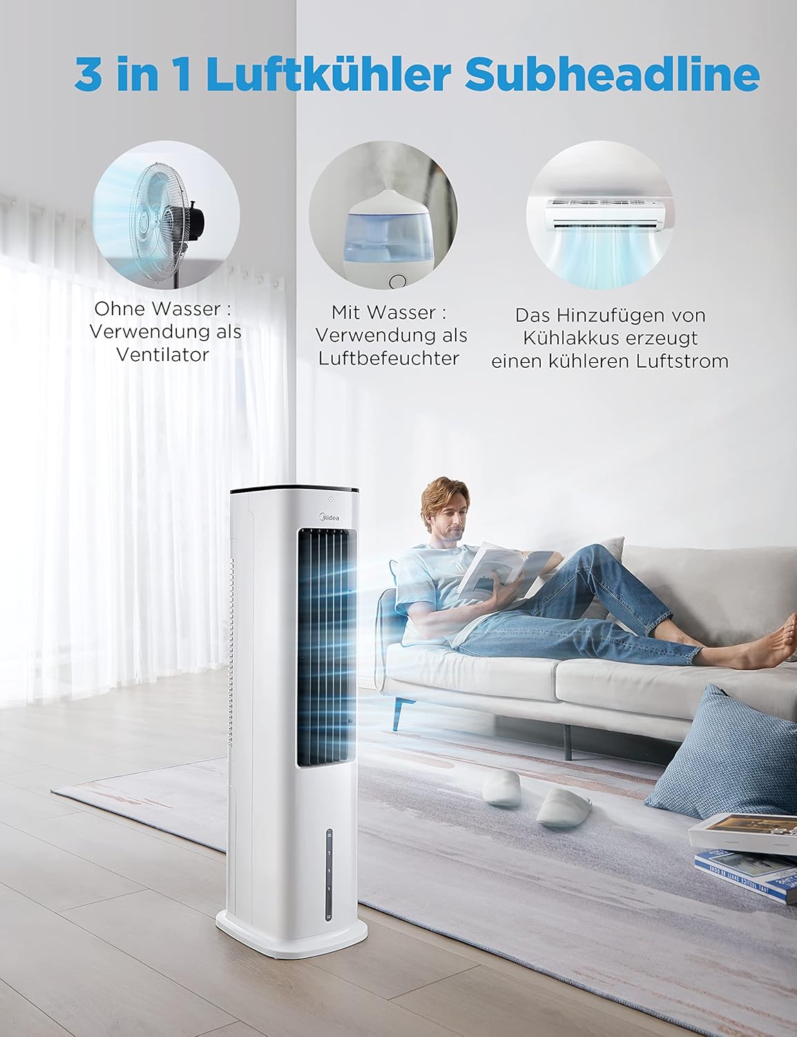 Midea AC100-20ARB Air Cooler 4-in-1 – 5L Water Tank, 3 Modes, Remote Control, 55W, White