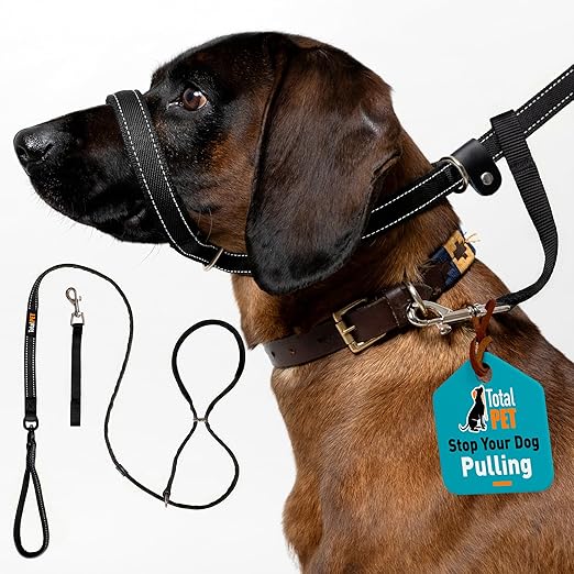 Total Pet Figure of 8 Dog Lead Flat with Anti Tangle Swivel Mechanism – Anti Pull Stop Dogs Pulling – Slip Leads Reflective with Padded Nose Support - 180cm (Black, 180cm)