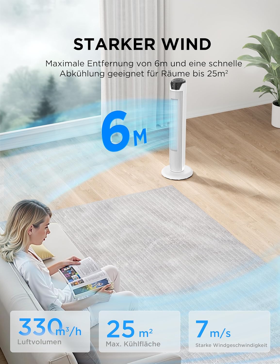 Midea FZ10-17JR Tower Fan 91,8cm – 45W, 330m³/h, 90° Oscillation, 3 Modes, 38dB, 7h Timer, White