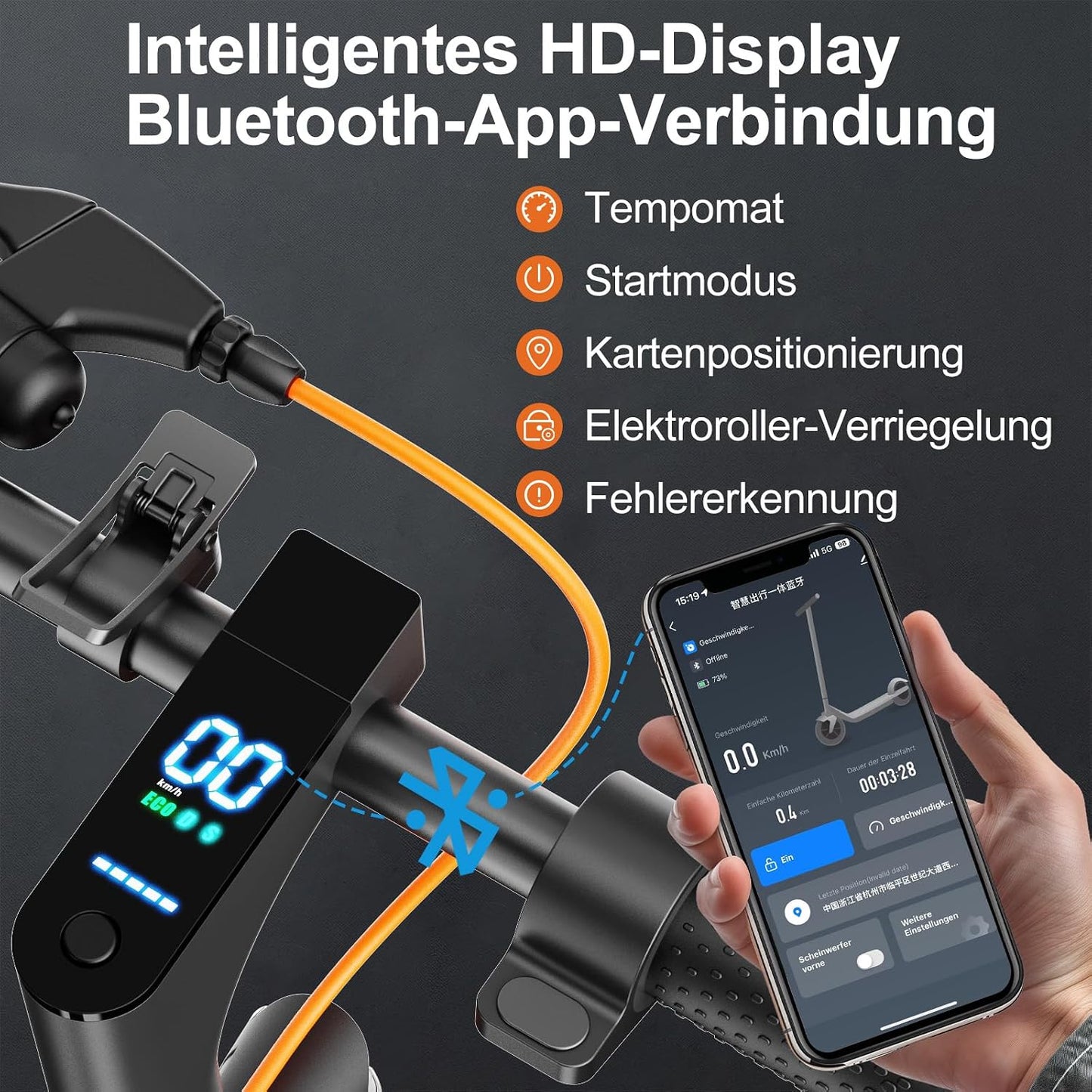 TODIMART T3 E-Scooter with ABE, Up to 30 km Range, 8,5 Zoll Solid Rubber Tyres, Bluetooth-App, Dual Braking System, Foldable, IPX5, Black/Orange