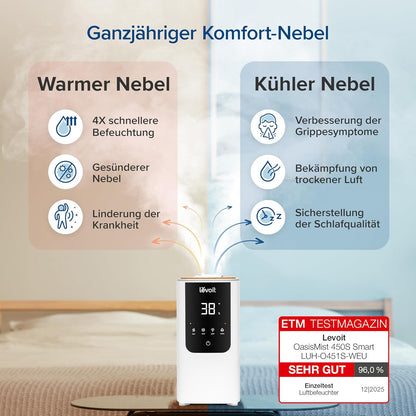 Levoit OasisMist LUH-O451S Humidifier 4,5L – Warm & Kalt, VortexMist, 550ml/h, 26dB, WiFi, Moon White