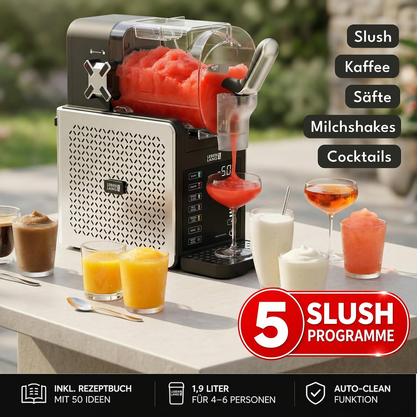 LEBENLANG LBP3312 Slush Machine 1,9 L – 5 Programmes, QuickFreeze, LED Touchscreen, Black