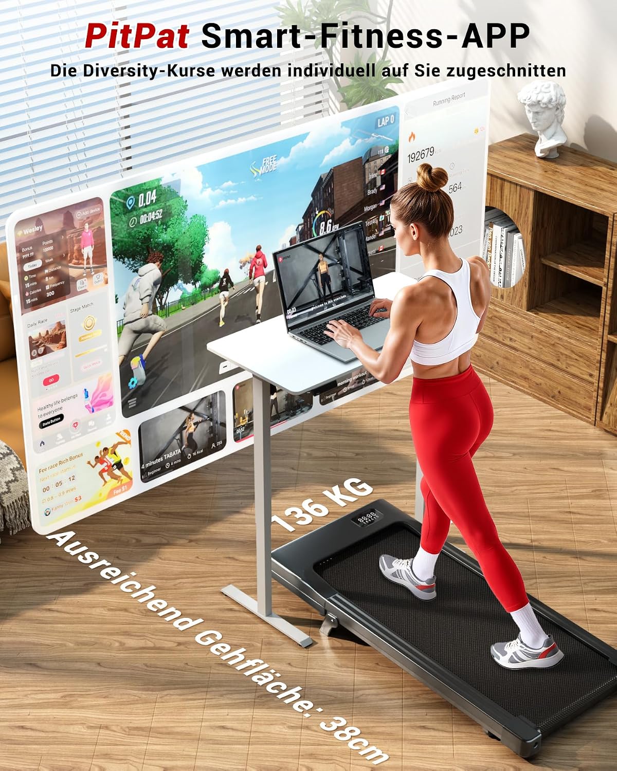 Superun WP06 Treadmill 6% Tilt – 16,8 km/h, 136kg, 2,5 PS, KI-Training, App, 40x90cm, Black