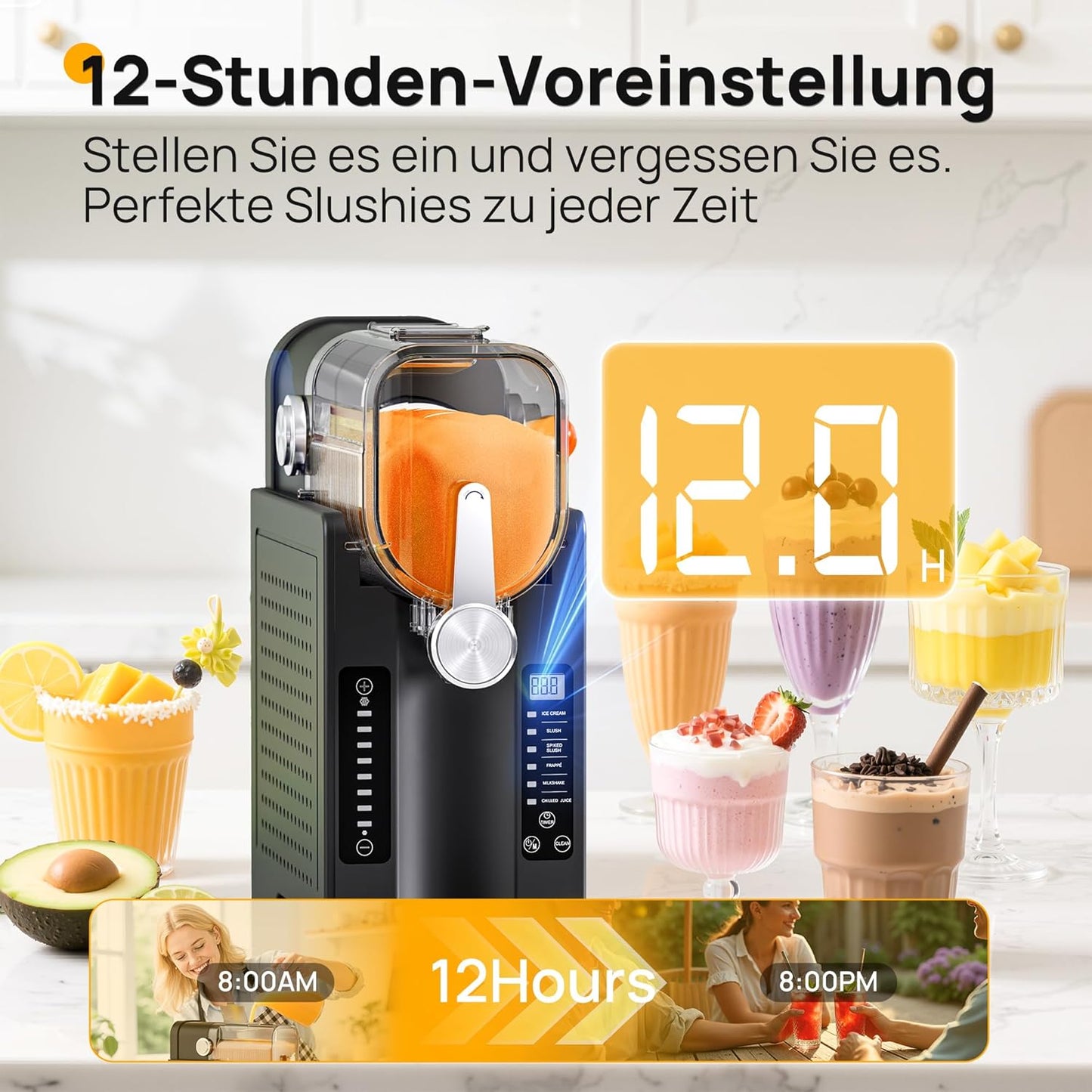 INITIO AD03 Slush Machine 2 L – 6 Programmes, 12h Vorprogrammierung, Self-Cleaning, Grey