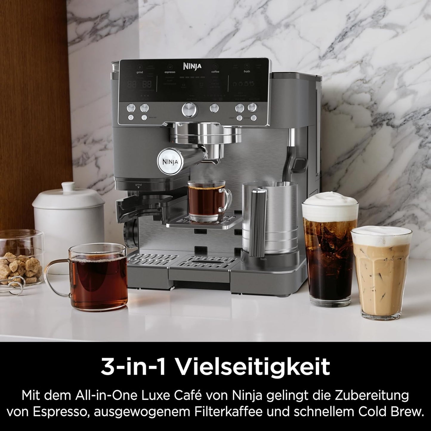 Ninja ES601EUGM Luxe Premier 3-in-1 Coffee Machine 2L – Barista-Assist, Grinder, Mikroschaum, Grey Metal