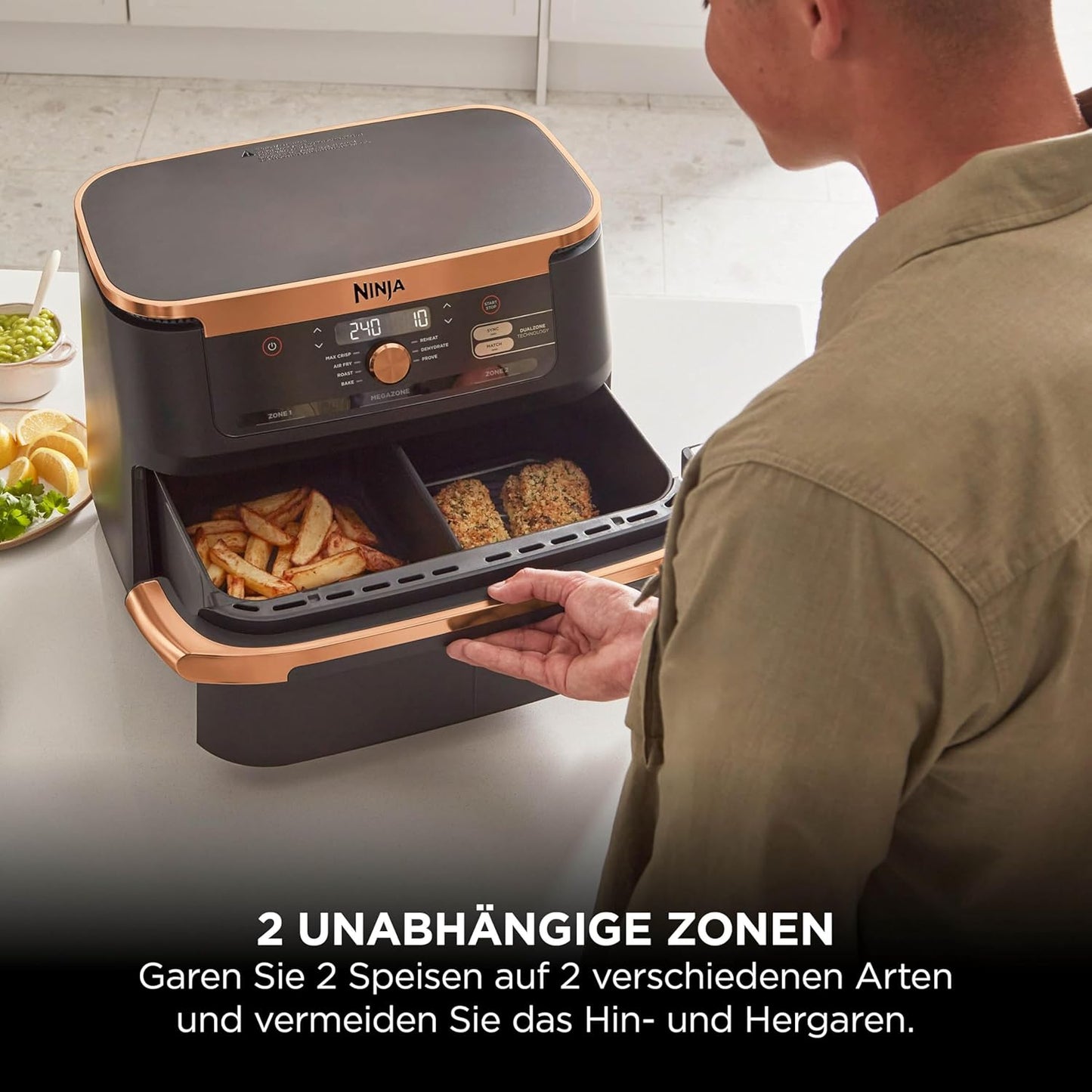 Ninja AF500EUCP Foodi FlexDrawer Air Fryer 10,4L – 7 Functions, Dual Zone, 2470W, Black/Copper