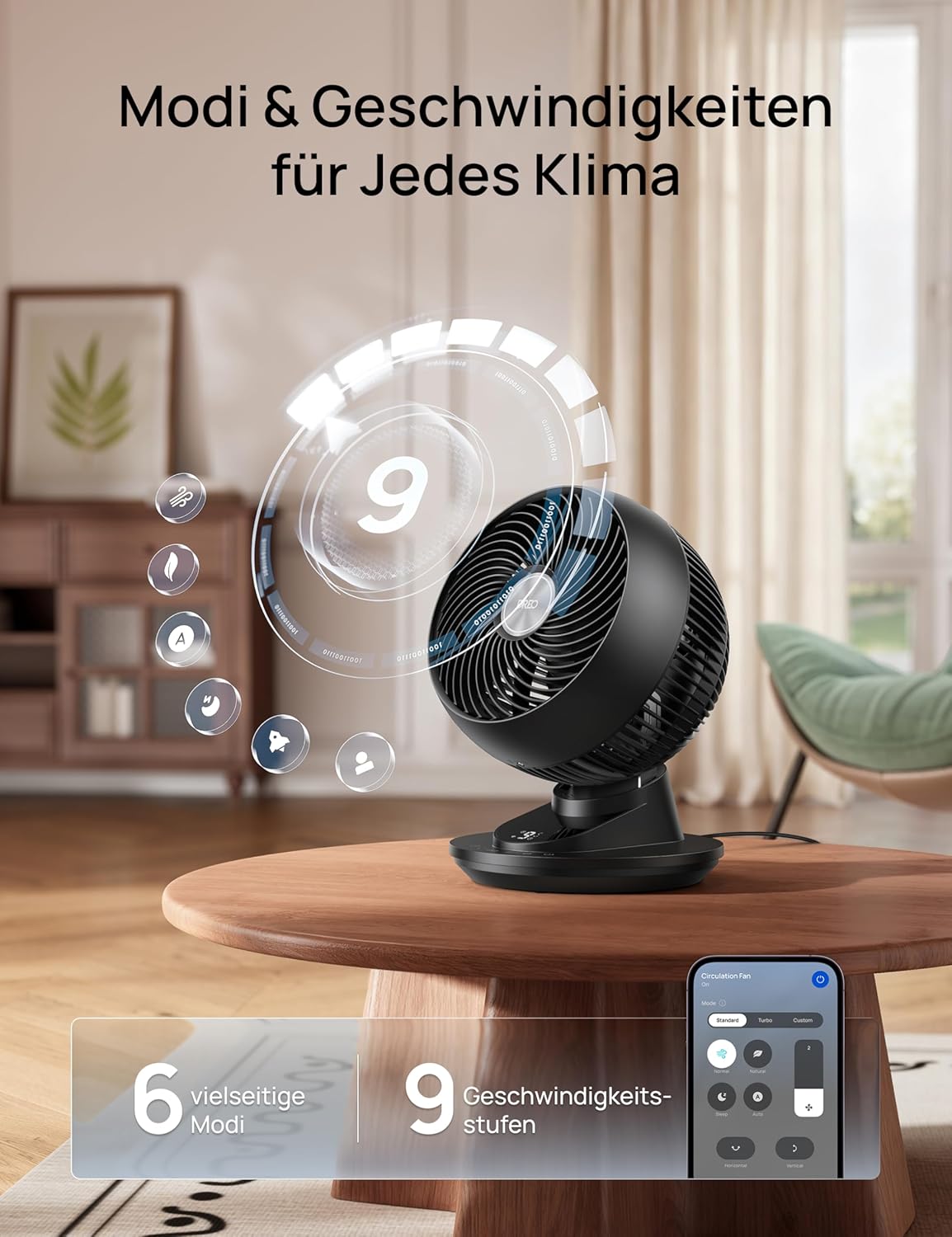 DREO TurboPoly DR-HAF008S Table Fan – 1.530m³/h, 22dB, 100° Oscillation, 9 Speeds, WiFi, Alexa, Black