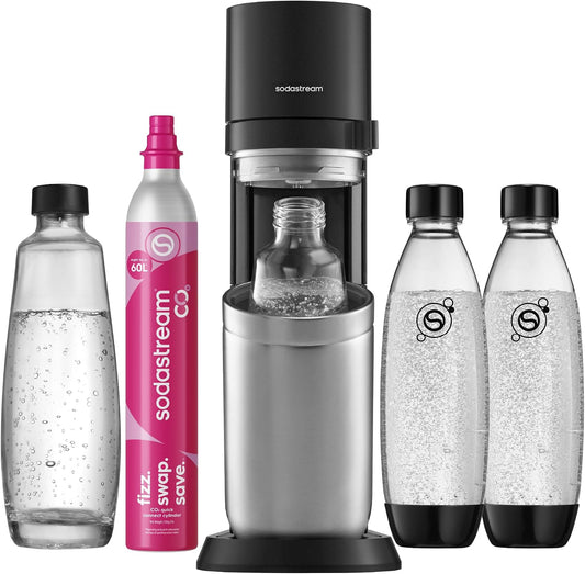 SodaStream DUO Sparkling Water Maker – Quick Connect CO2, 2x Glass Bottle & 2x Plastic Bottle 1L, Titanium/Black