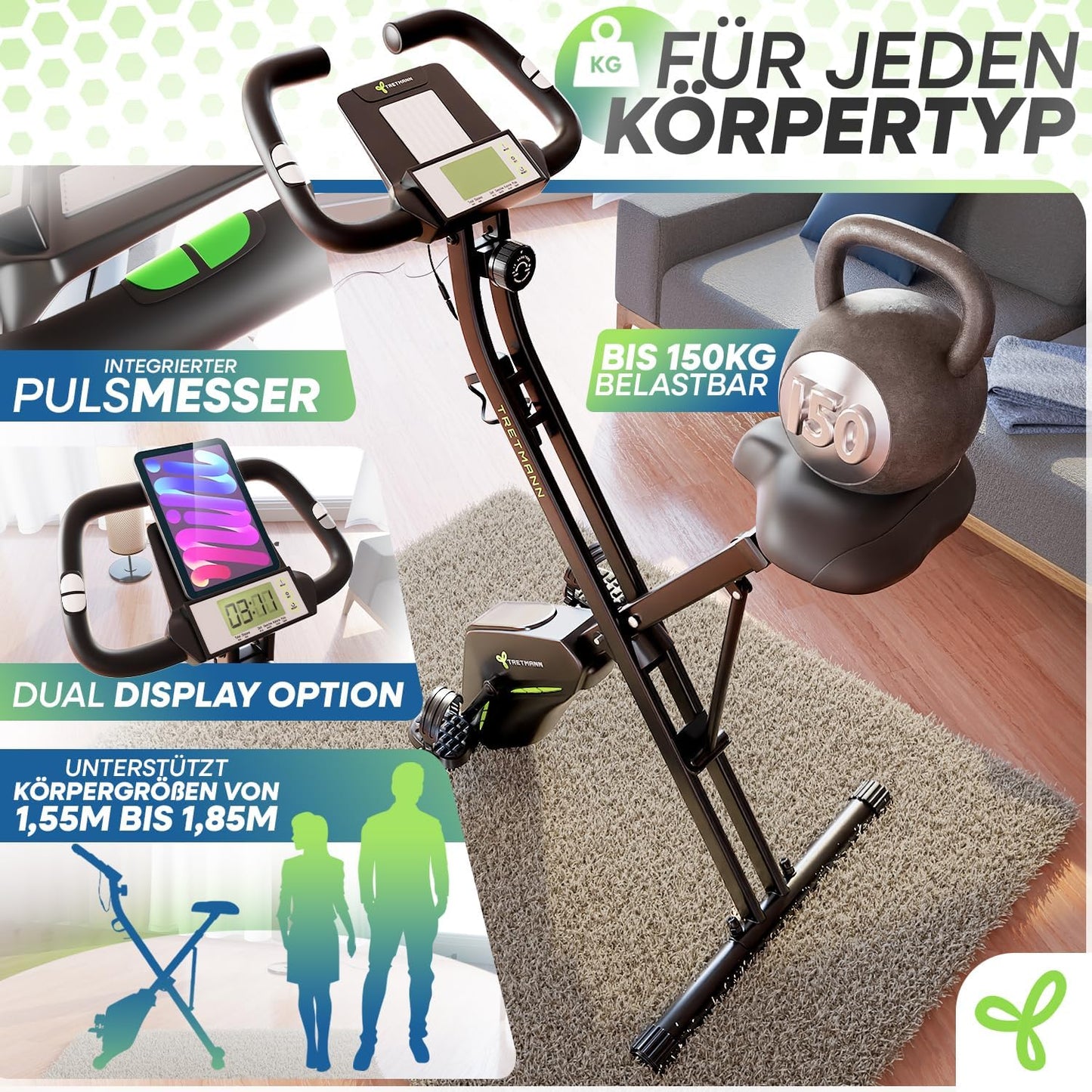 TRETMANN Exercise Bike Foldable 16 Speeds – Magnetbremse, Pulssensor, 150kg, DEKRA, Matt Stahl