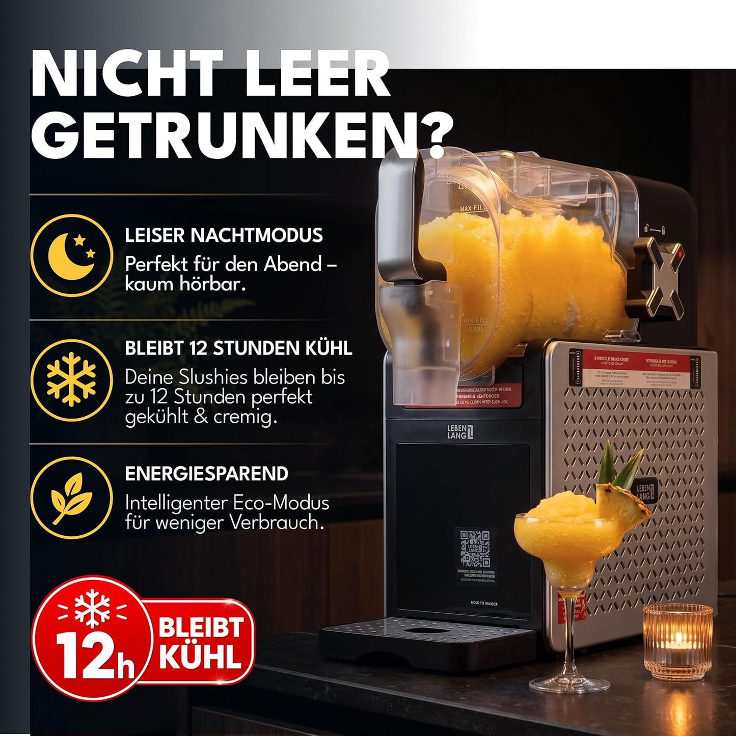 LEBENLANG LBP3312 Slush Machine 1,9 L – 5 Programmes, QuickFreeze, LED Touchscreen, Black